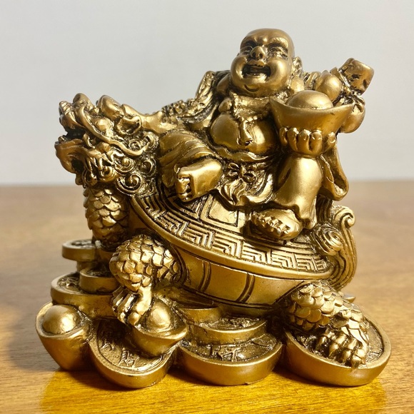 Laughing Buddha Sitting on Dragon Tortoise Resin Statue - Picture 3 of 11